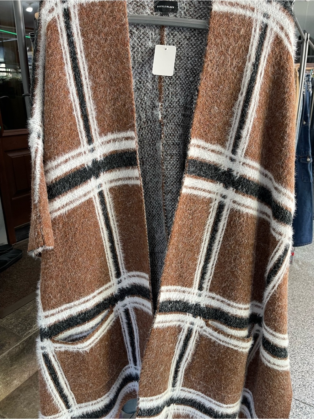 Buckle Brown White and Black Plaid Open-Front Poncho